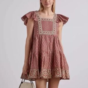 Sea New York Fernanda Tile Print Flutter Sleeve Pintucked Mini Dress Size Large